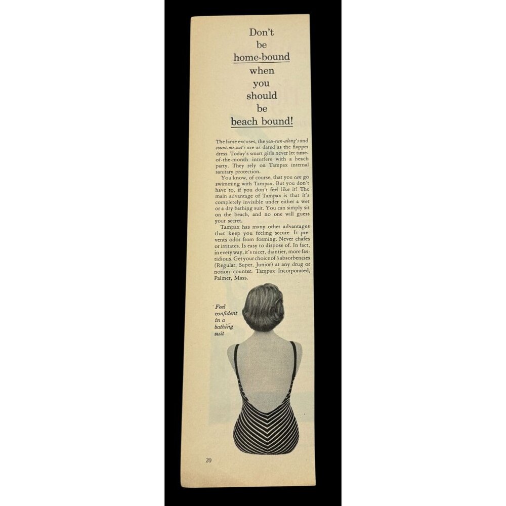 Tampax Tampons Vintage Print Ad 1950s Beach Bound Feminine Hygiene Bathing Suit